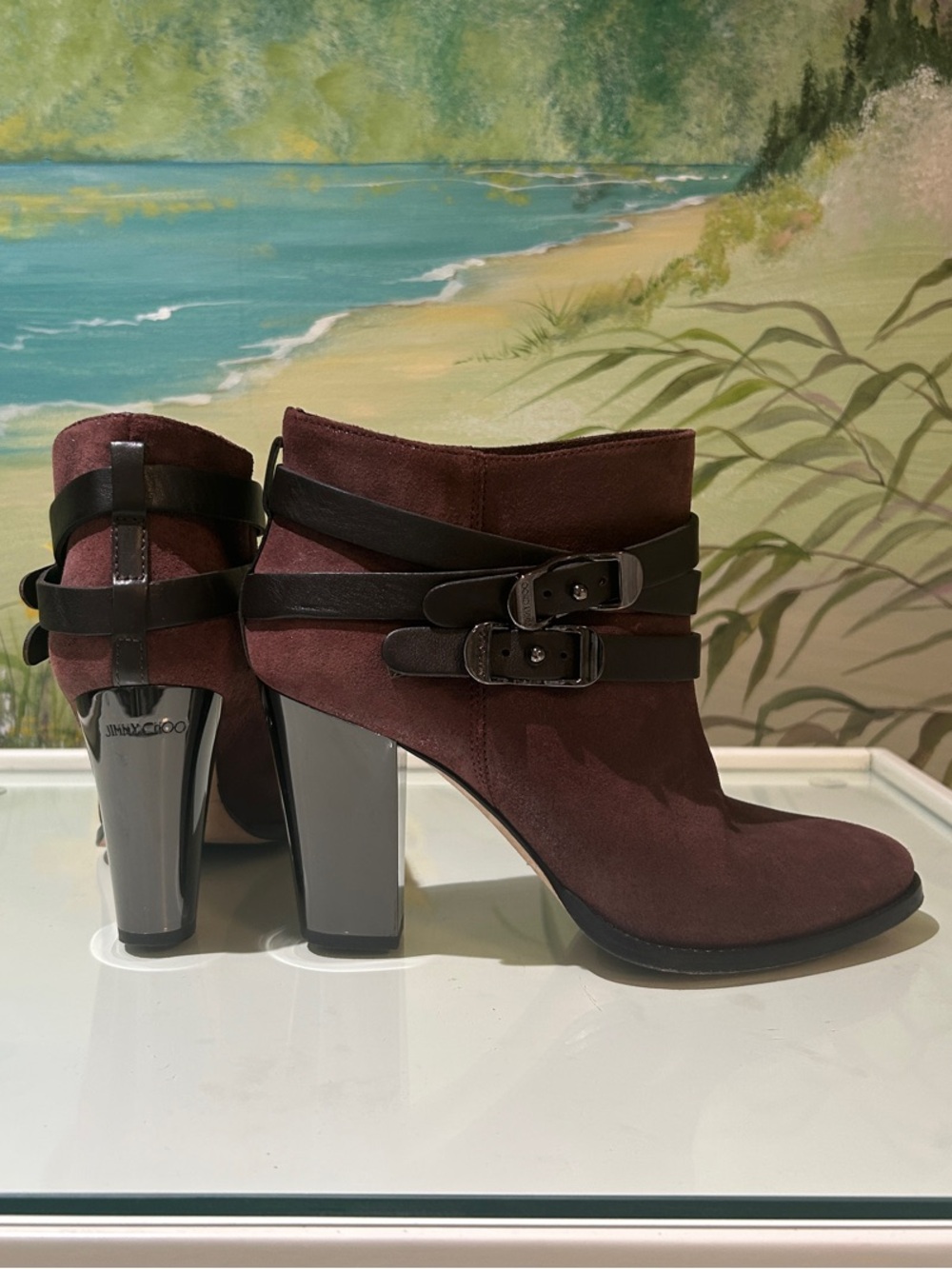 Jimmy Choo Melba 80 Burgundy Shimmery Suede Buckle Strap Ankle Boots. Size IT 40